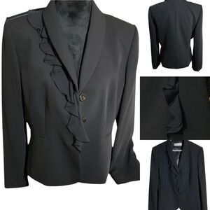 Tahari Arthur Levine Black Suit Jacket / Blazer 100% Silk‎ Ruffle Detail Size 14